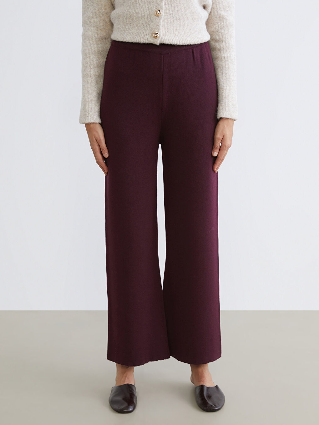 Bordo Beli Lastikli Kadın Triko Pantolon-1