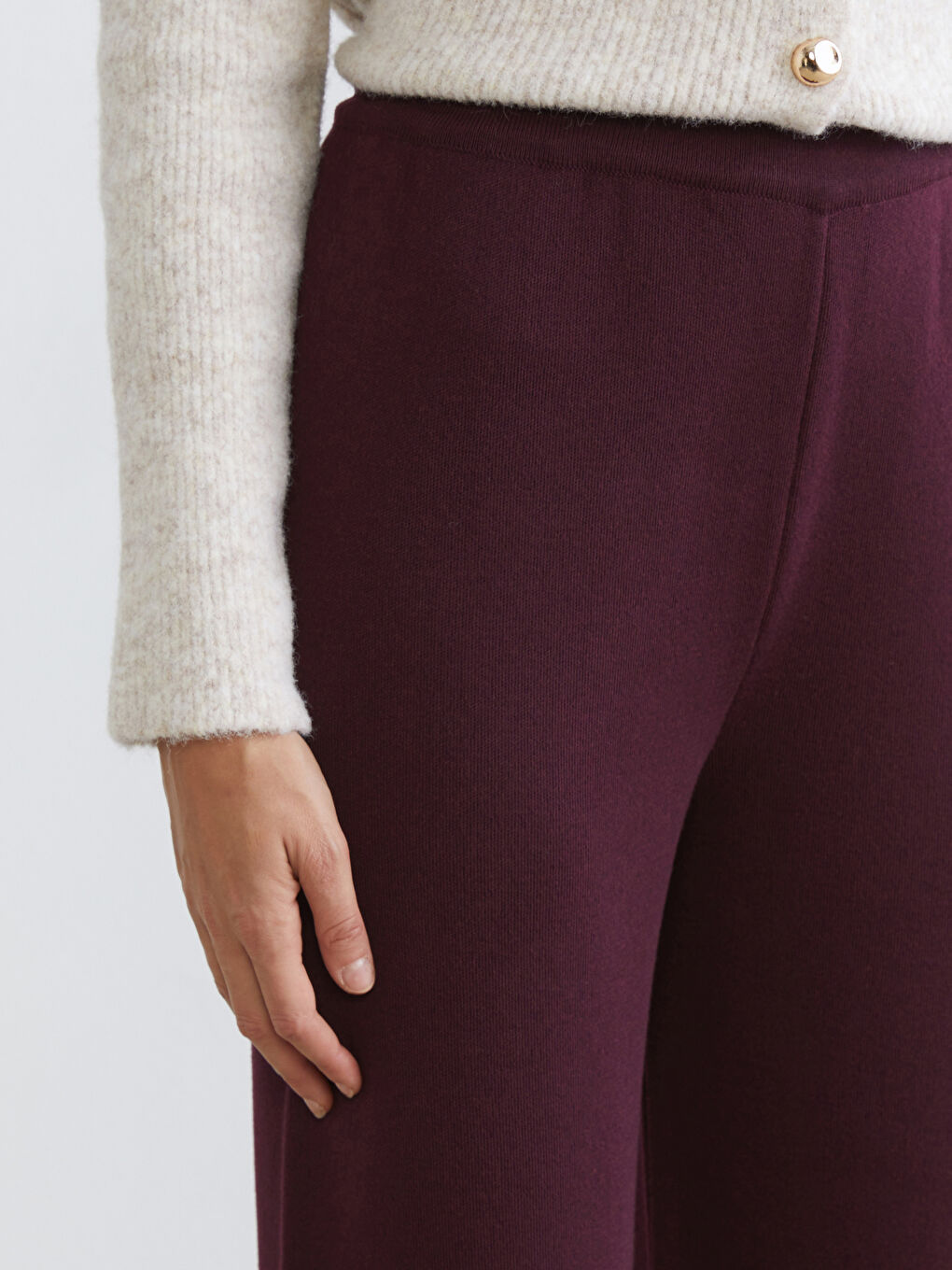 Bordo Beli Lastikli Kadın Triko Pantolon-2