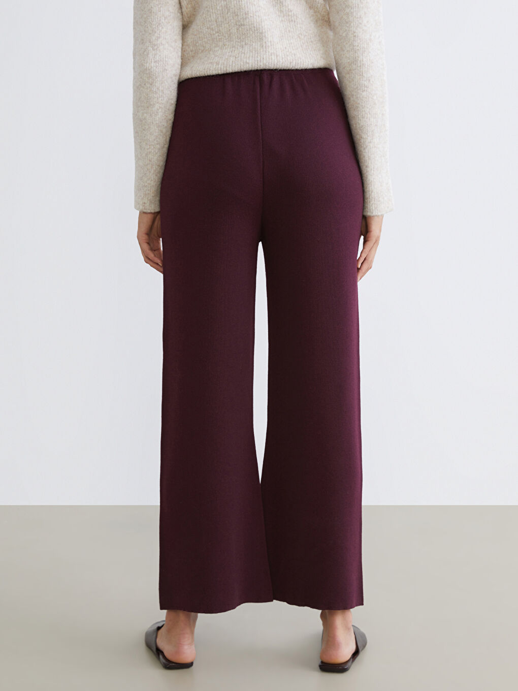 Bordo Beli Lastikli Kadın Triko Pantolon-3