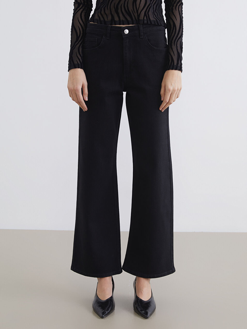 Siyah Wideleg Kadın Jean Pantolon-1