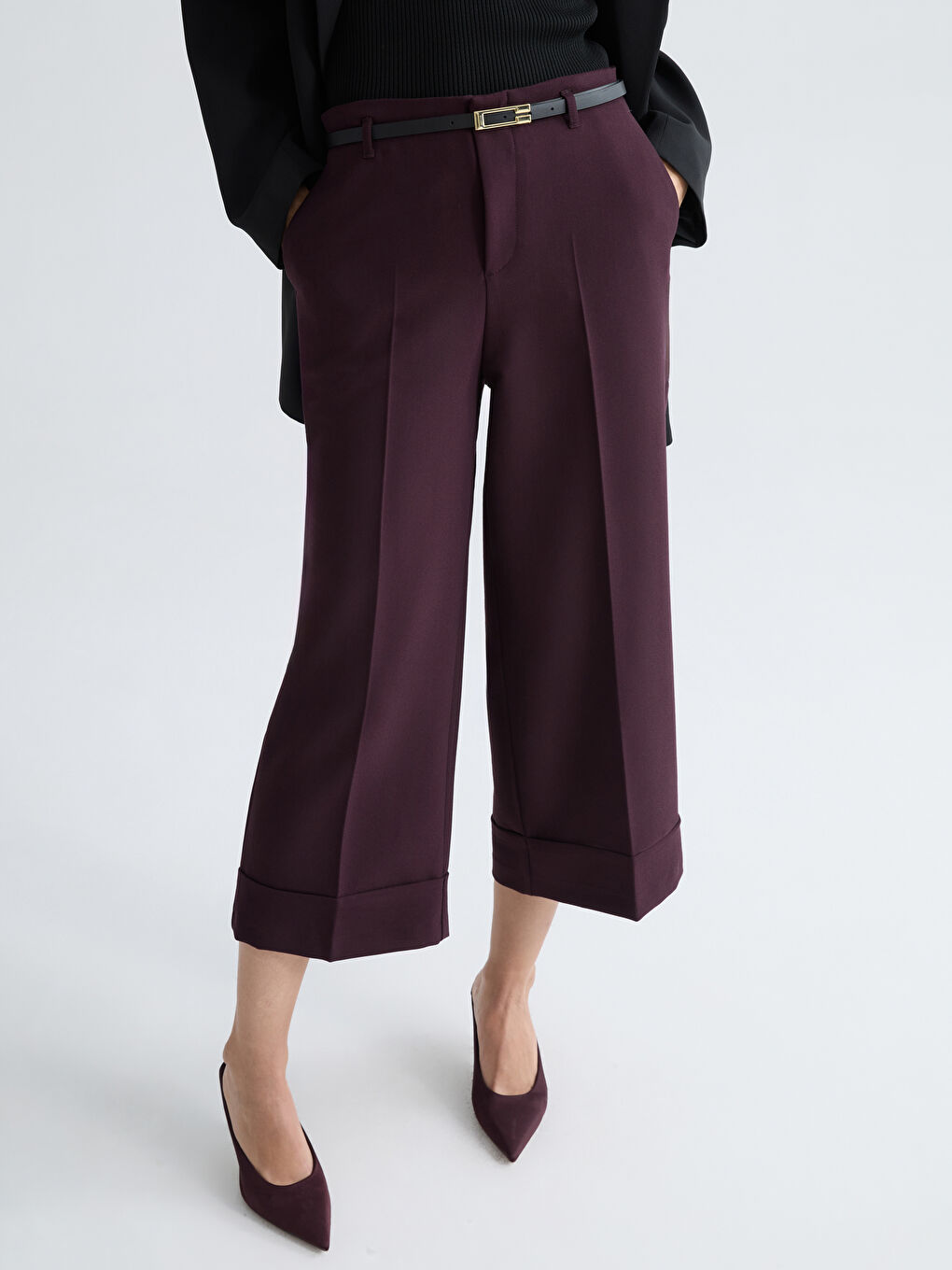 Mürdüm Beli Kemerli Standart Fit Kadın Pantolon-2