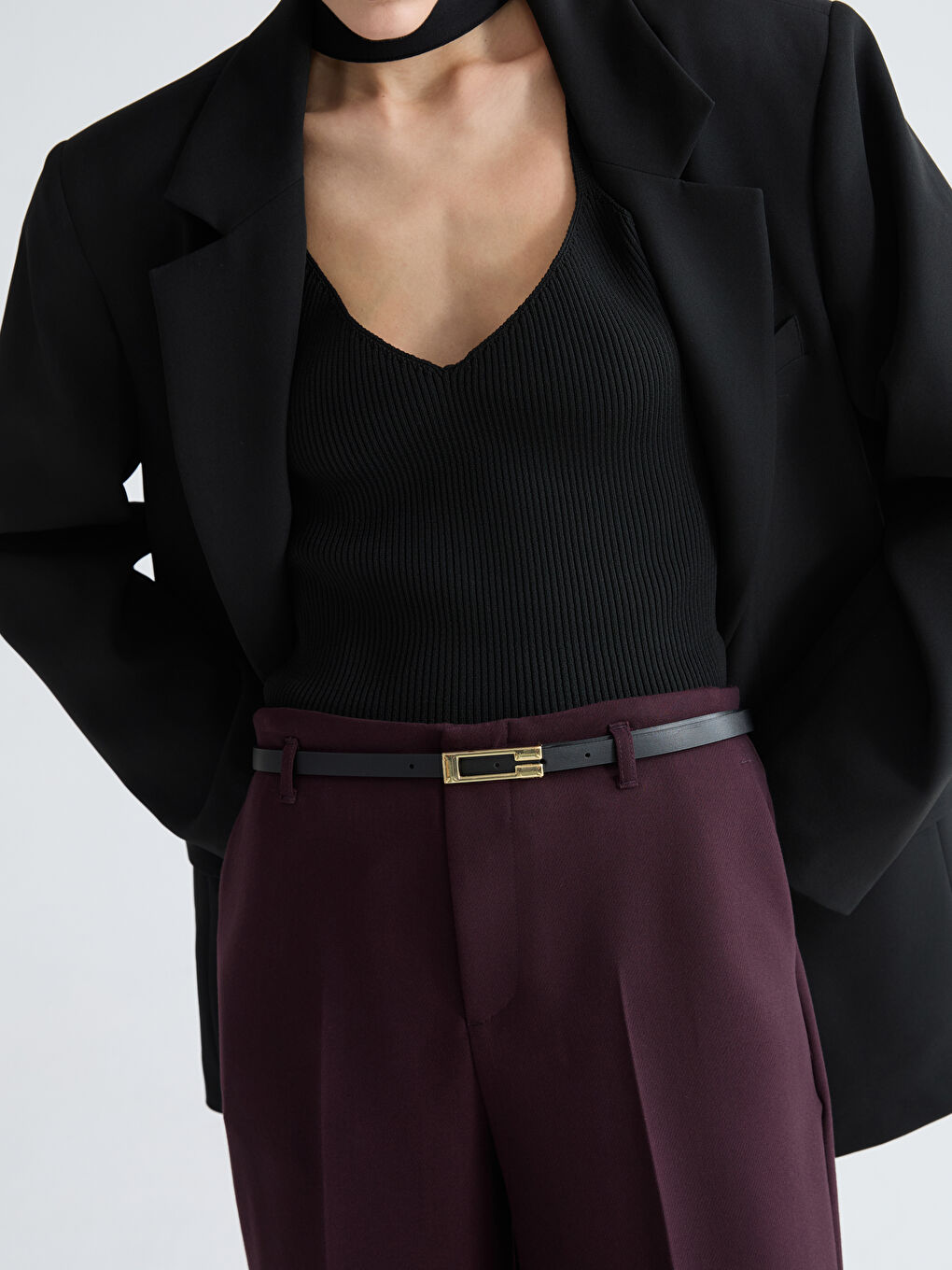 Mürdüm Beli Kemerli Standart Fit Kadın Pantolon-4