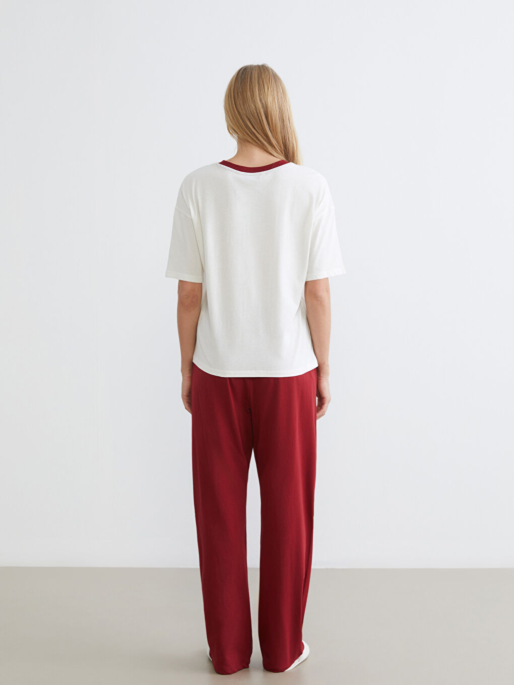 Bordo Bisiklet Yaka Baskılı Kadın Pijama Takımı-3