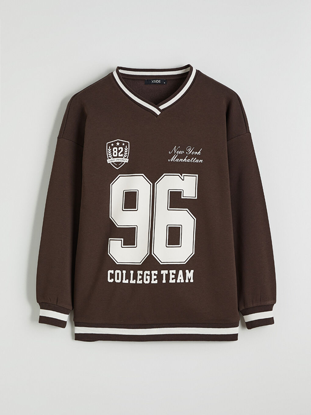 Kahverengi V Yaka Oversize Kadın Kalın Sweatshirt-4