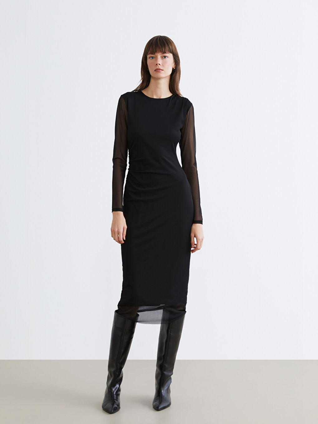 Siyah Bisiklet Yaka Büzgülü Bodycon Elbise