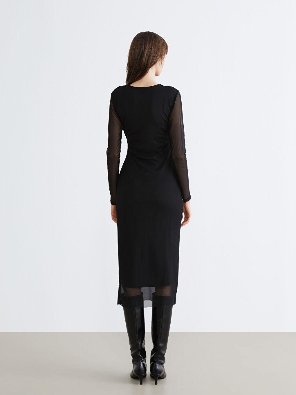 Siyah Bisiklet Yaka Büzgülü Bodycon Elbise-3