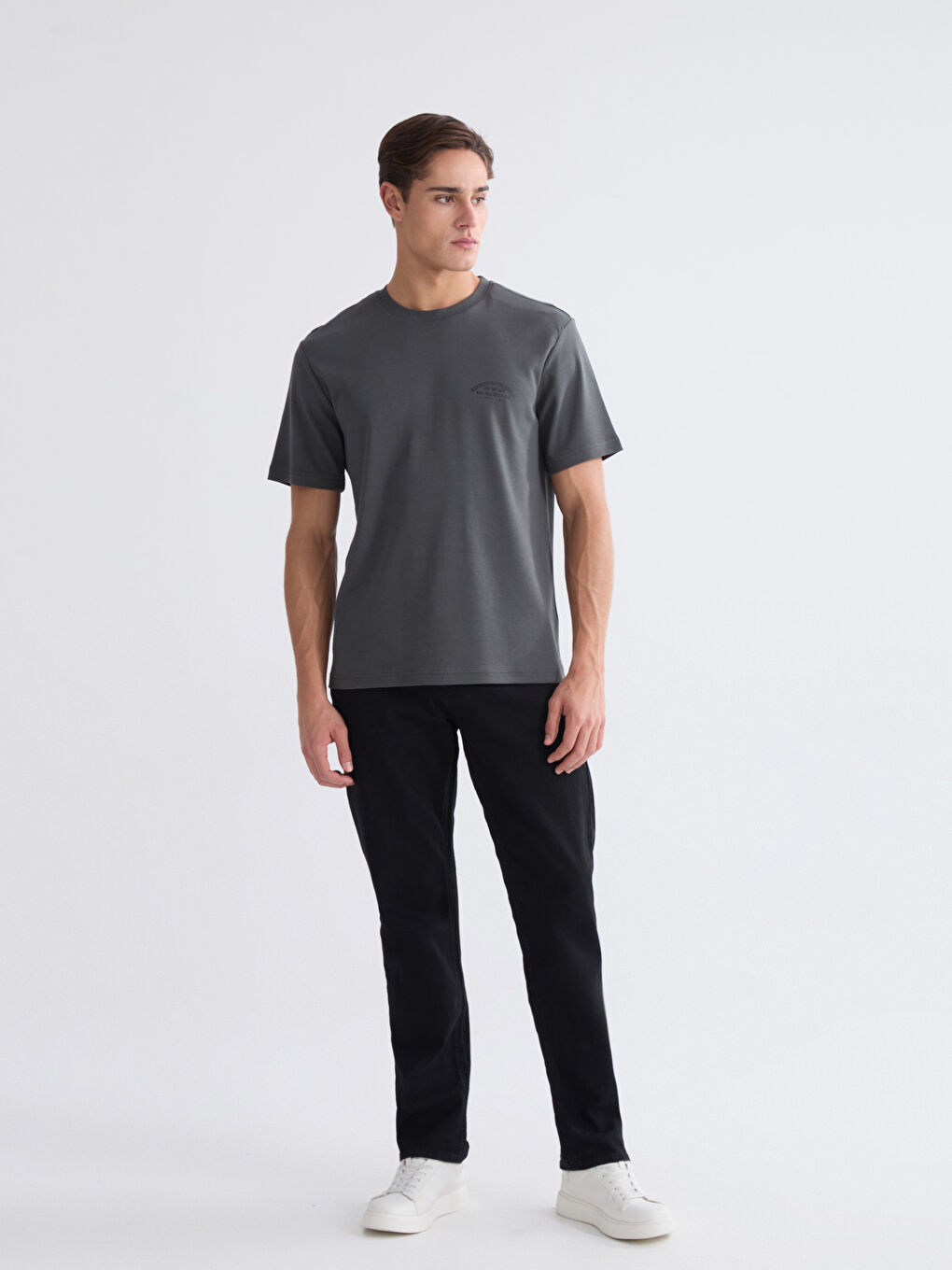 Antrasit Bisiklet Yaka Baskılı Erkek Tişört-1