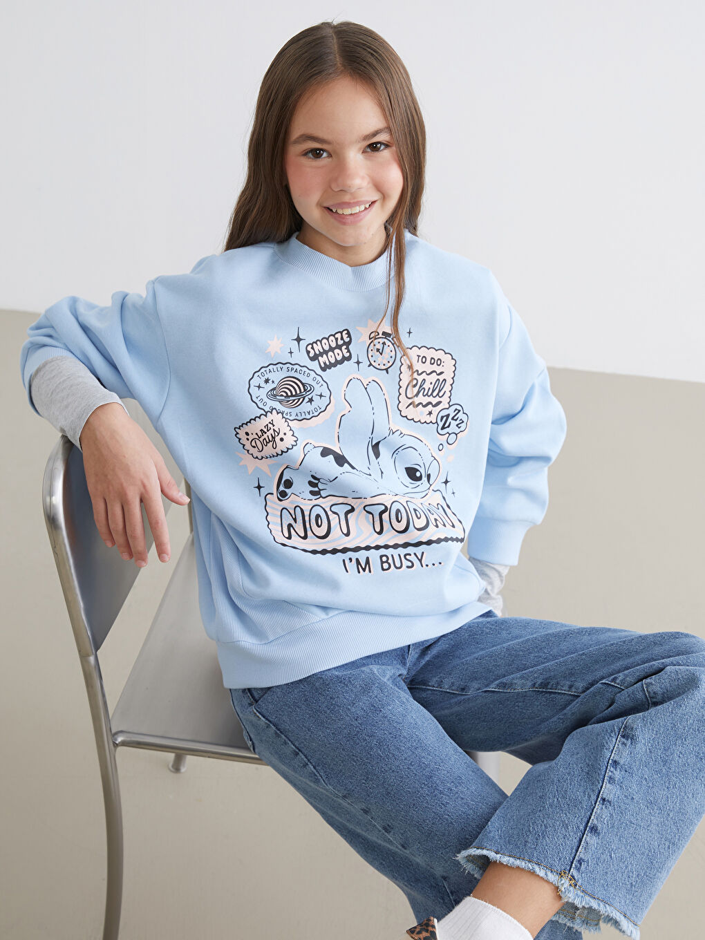 Mavi Bisiklet Yaka Stitch Baskılı Kız Çocuk Sweatshirt