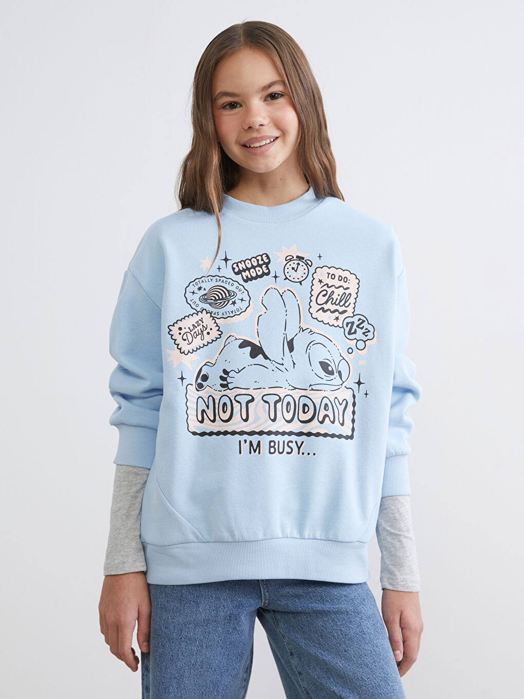 Mavi Bisiklet Yaka Stitch Baskılı Kız Çocuk Sweatshirt-1
