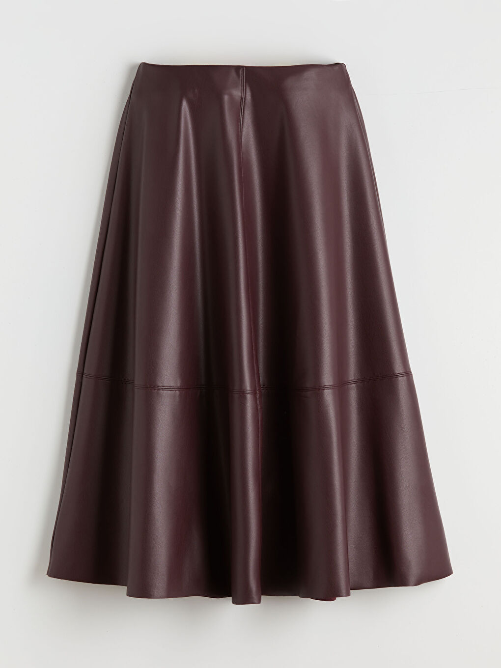 Bordo Beli Fermuarlı Deri Görünümlü A Kesim Etek-4