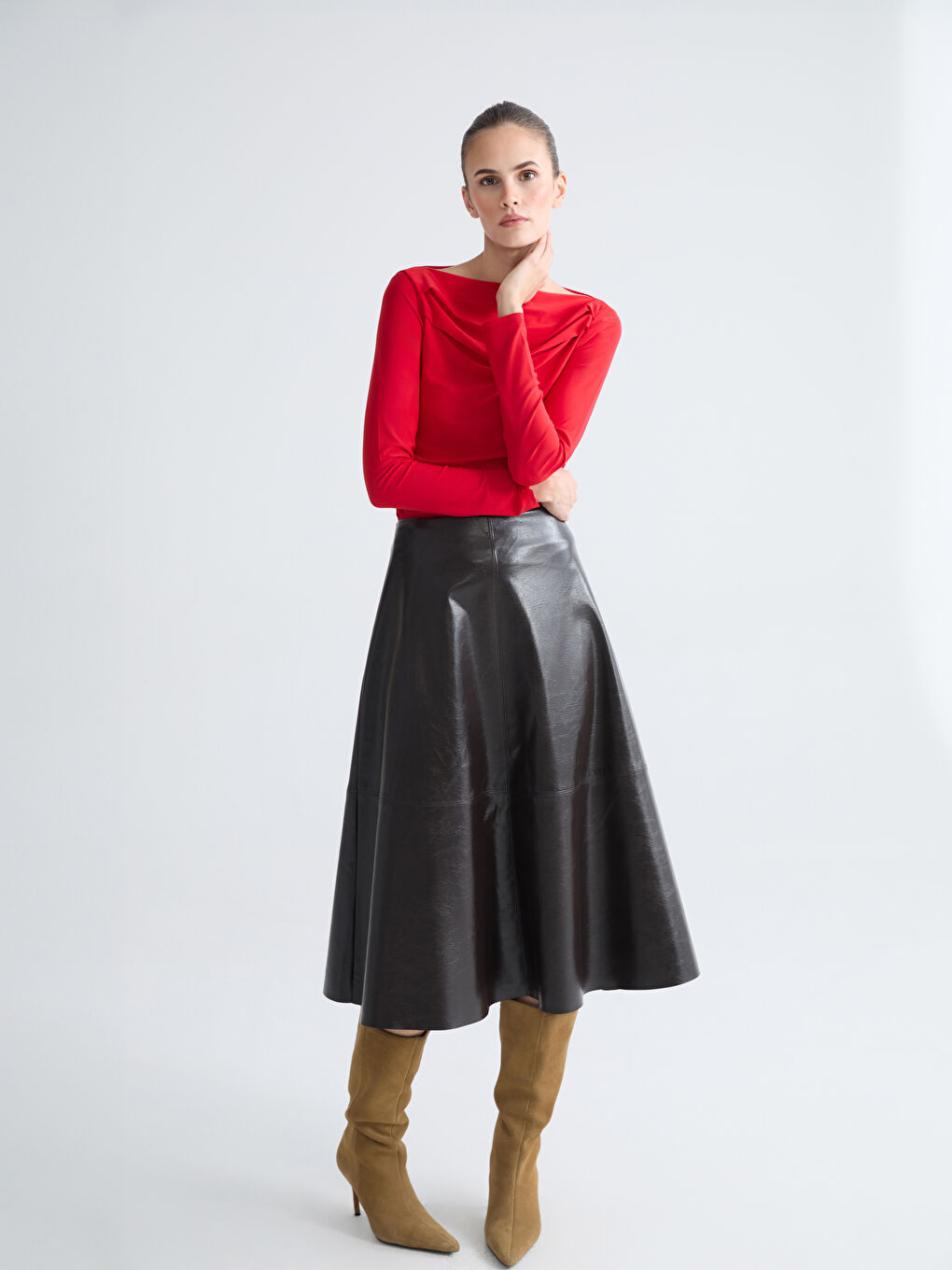 High Waist Zippered A-Line Faux Leather Skirt-2