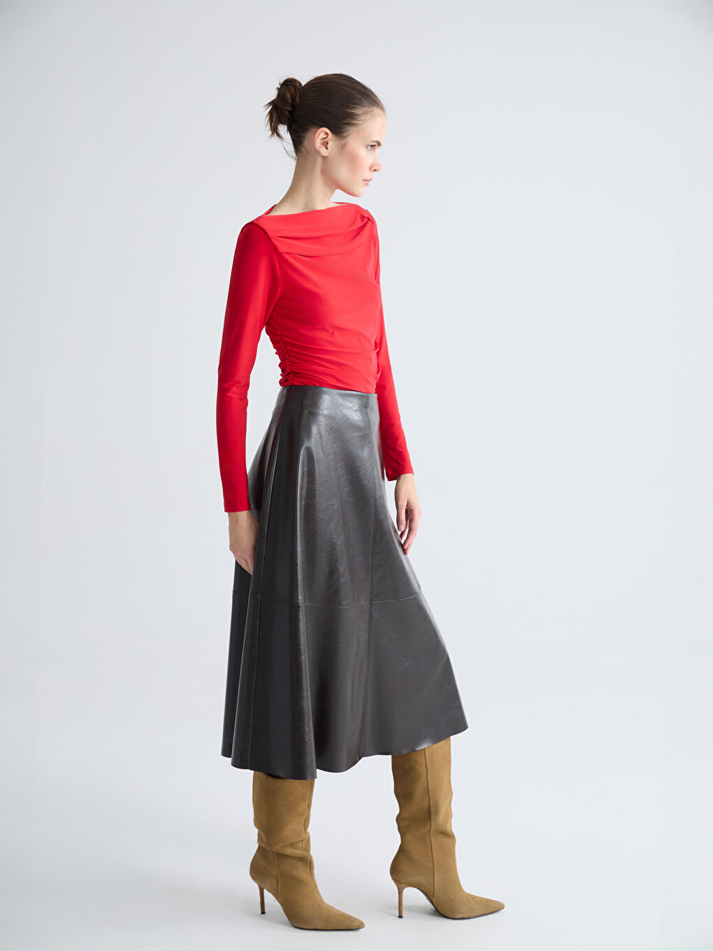 High Waist Zippered A-Line Faux Leather Skirt-7