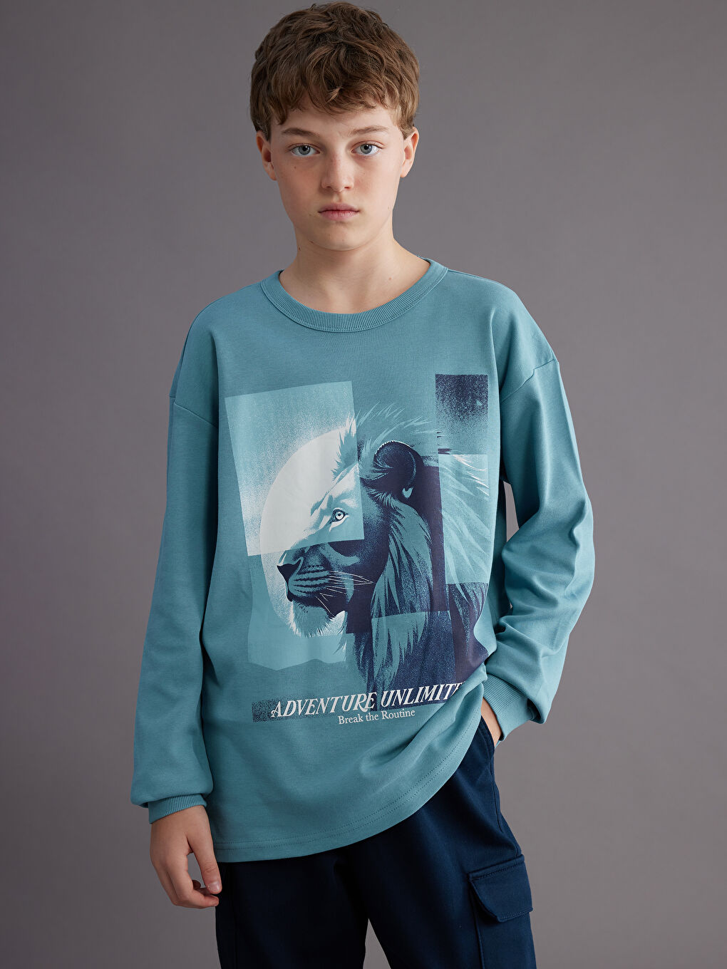 Yeşil Bisiklet Yaka Baskılı Erkek Çocuk Sweatshirt