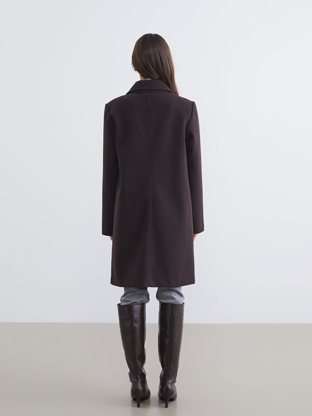 Kahverengi Ceket Yaka Kadın Kaşe Kaban-4