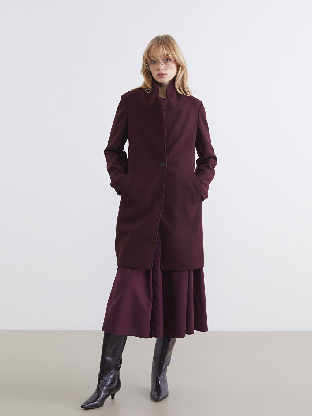 Mürdüm Ceket Yaka Kadın Kaşe Kaban-1