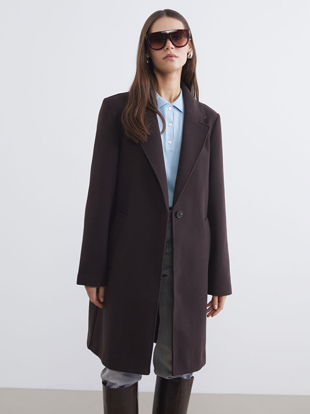 Kahverengi Ceket Yaka Kadın Kaşe Kaban