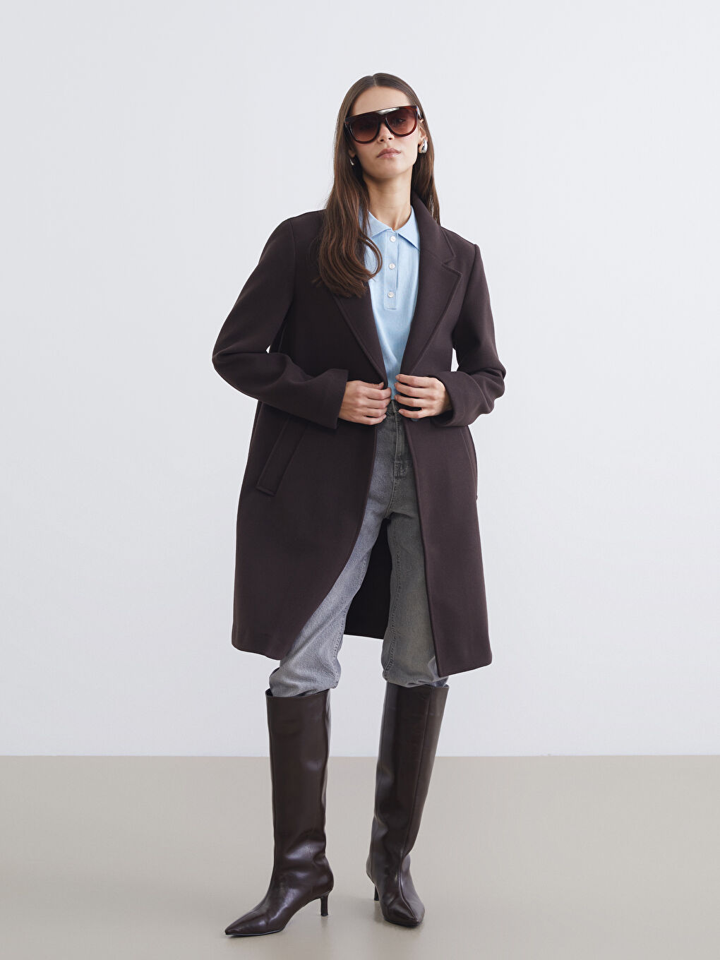 Kahverengi Ceket Yaka Kadın Kaşe Kaban-1