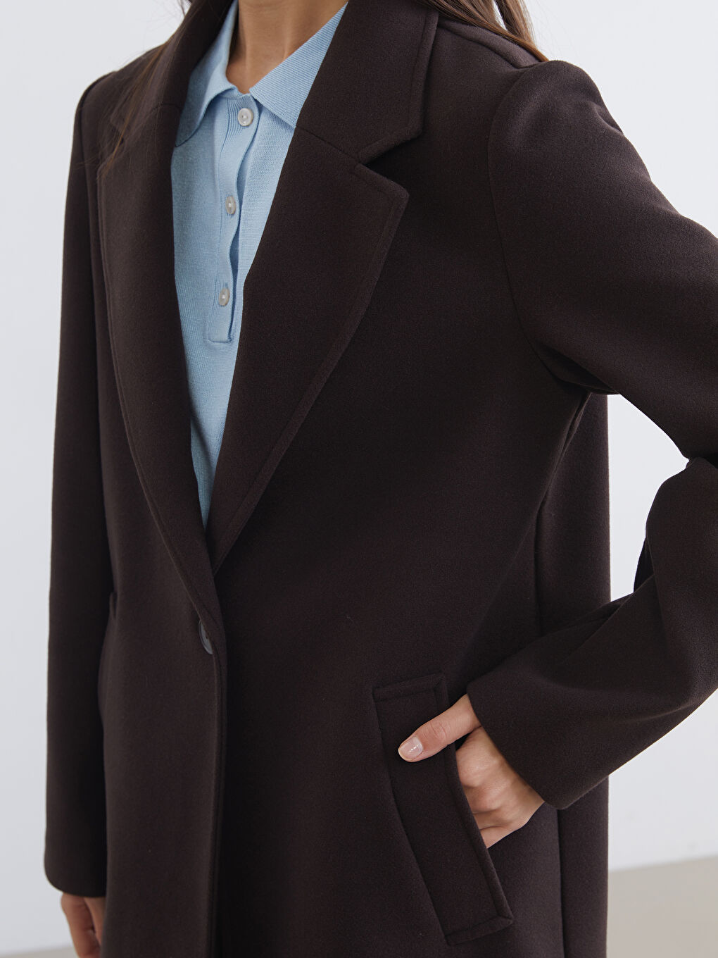 Kahverengi Ceket Yaka Kadın Kaşe Kaban-3