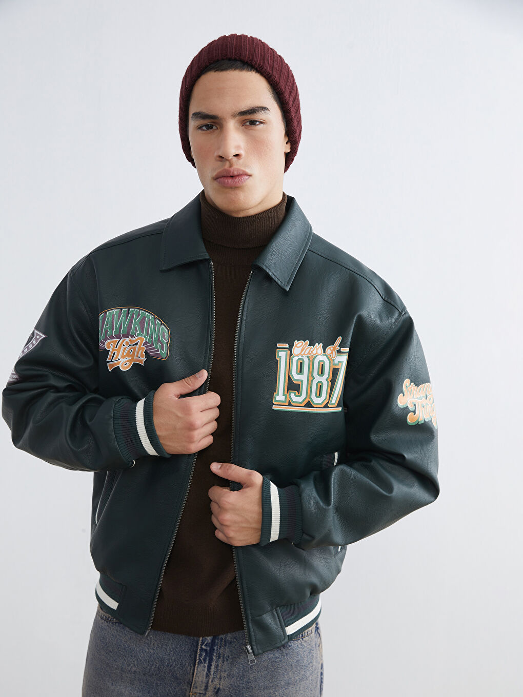 Yeşil Rahat Kalıp Stranger Things Baskılı Erkek Deri Görünümlü Ceket