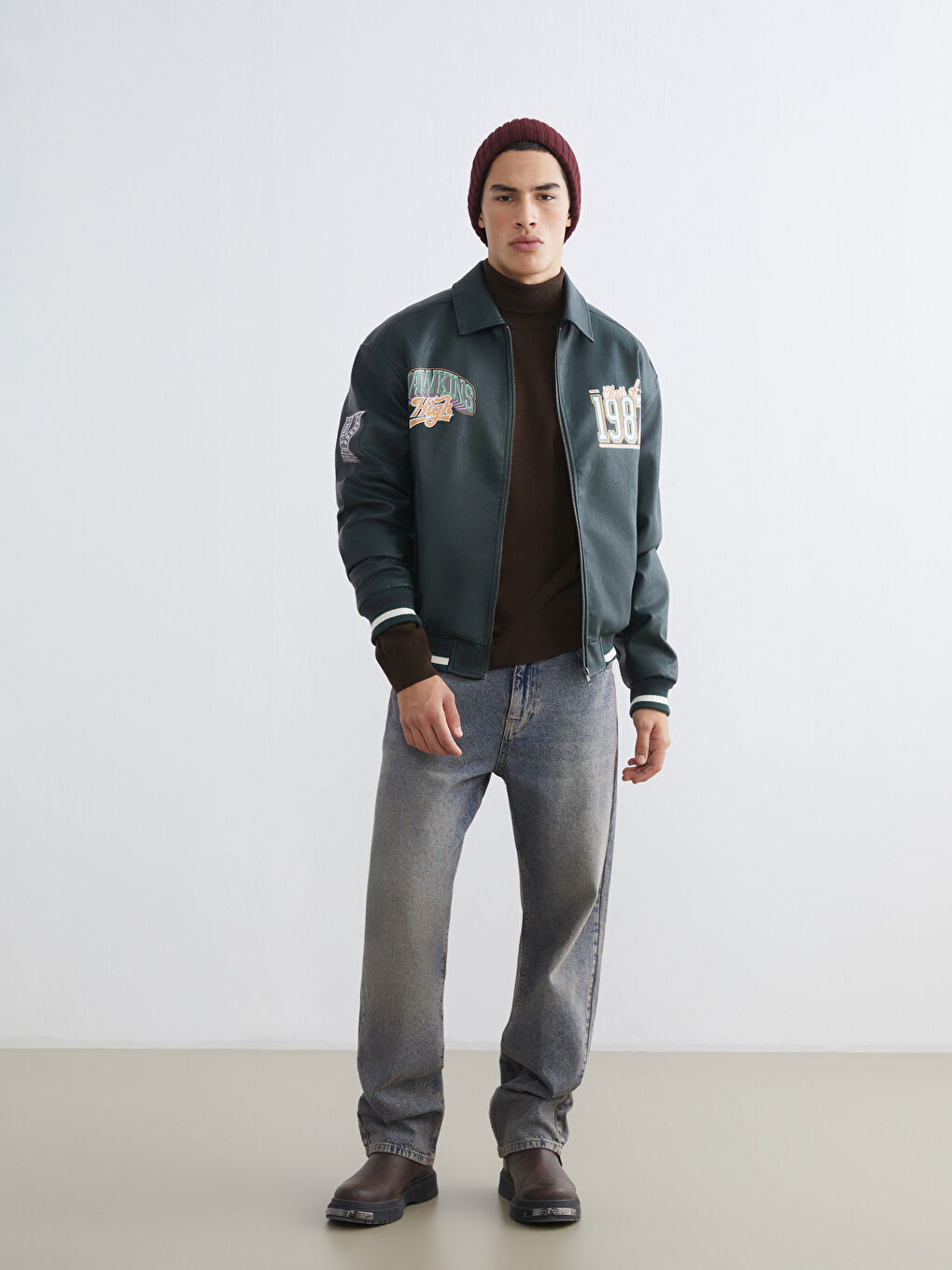 Yeşil Rahat Kalıp Stranger Things Baskılı Erkek Deri Görünümlü Ceket-1