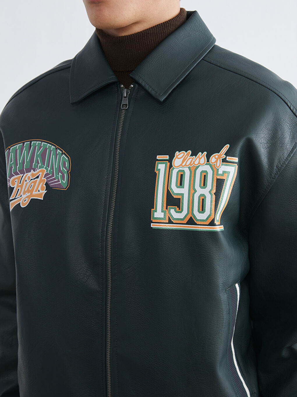 Yeşil Rahat Kalıp Stranger Things Baskılı Erkek Deri Görünümlü Ceket-2