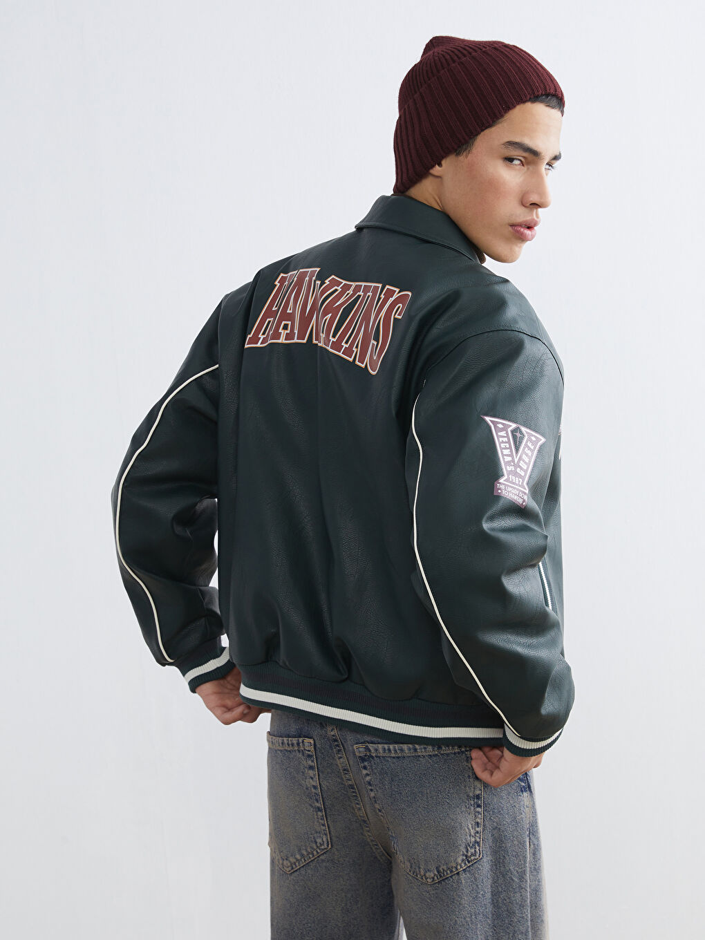 Yeşil Rahat Kalıp Stranger Things Baskılı Erkek Deri Görünümlü Ceket-4