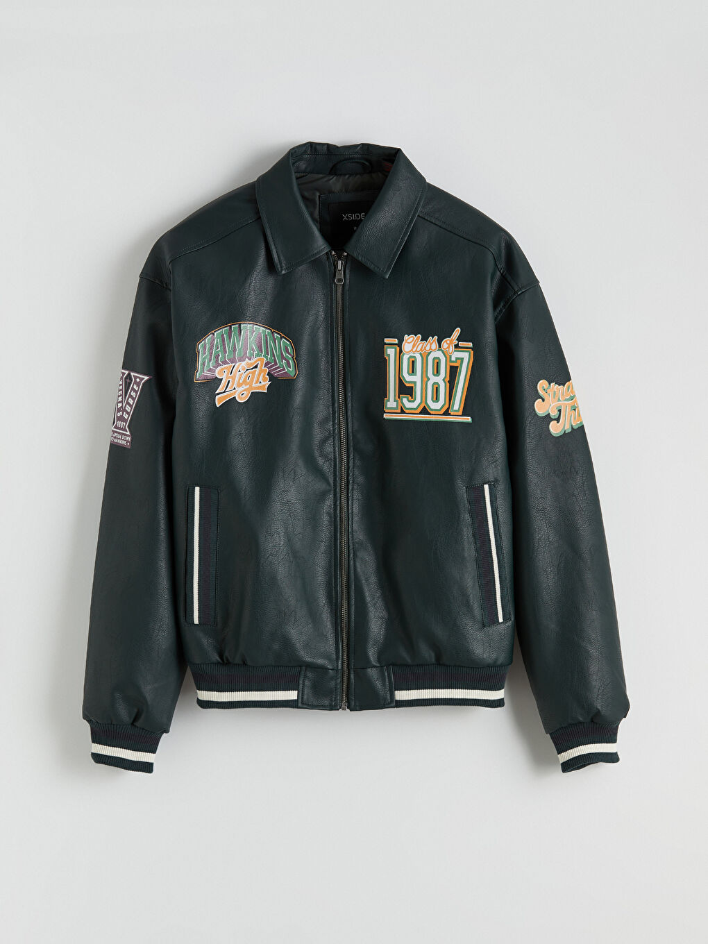 Yeşil Rahat Kalıp Stranger Things Baskılı Erkek Deri Görünümlü Ceket-5