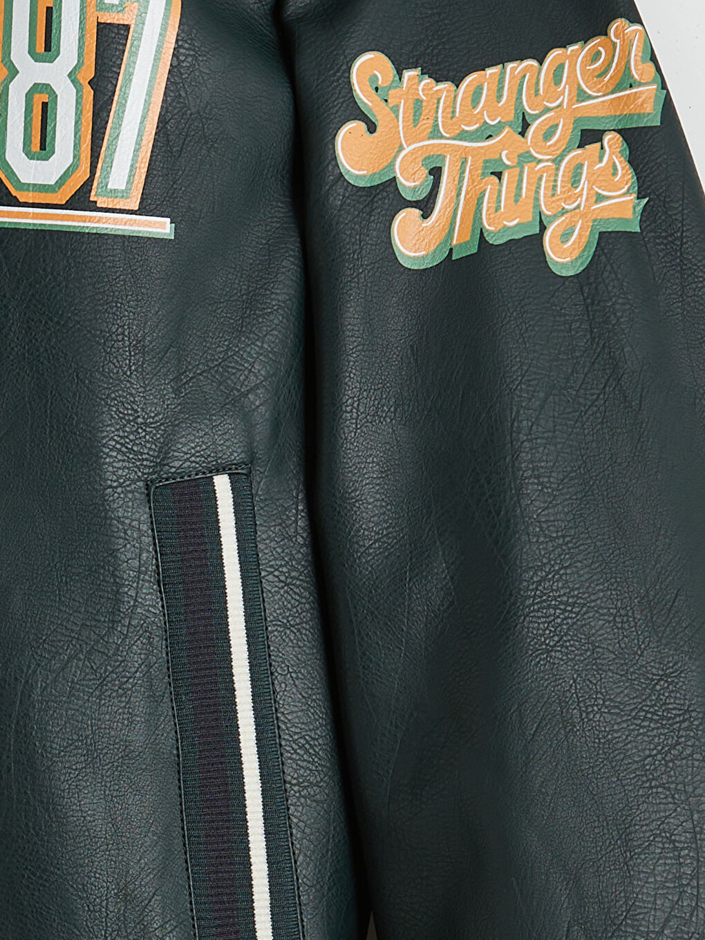 Yeşil Rahat Kalıp Stranger Things Baskılı Erkek Deri Görünümlü Ceket-6
