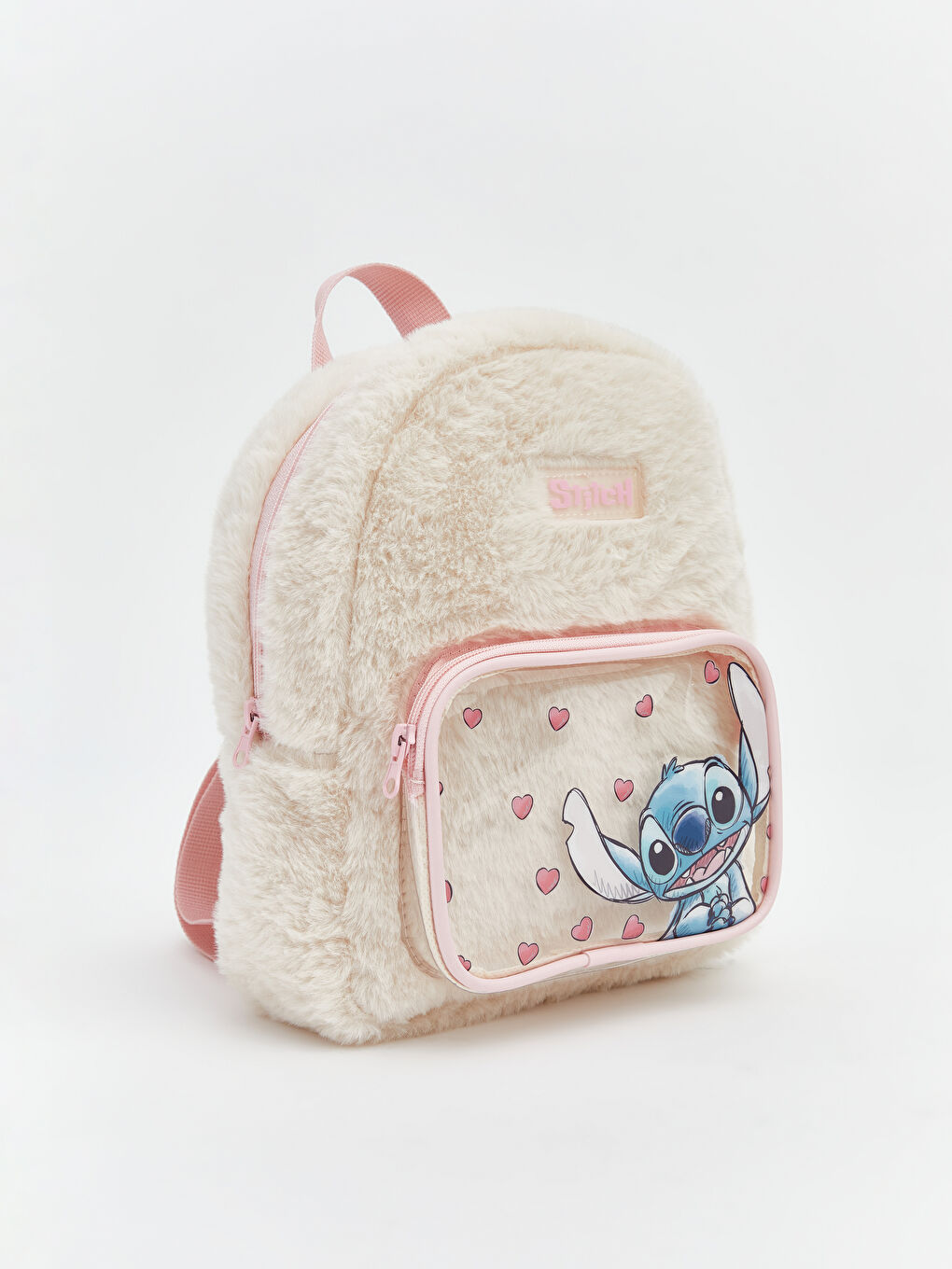 Ekru Lilo ve Stitch Baskılı Kız Çocuk Pelüş Sırt Çantası