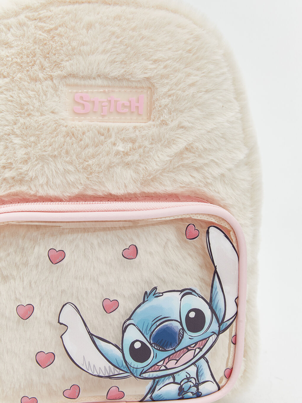 Ekru Lilo ve Stitch Baskılı Kız Çocuk Pelüş Sırt Çantası-1