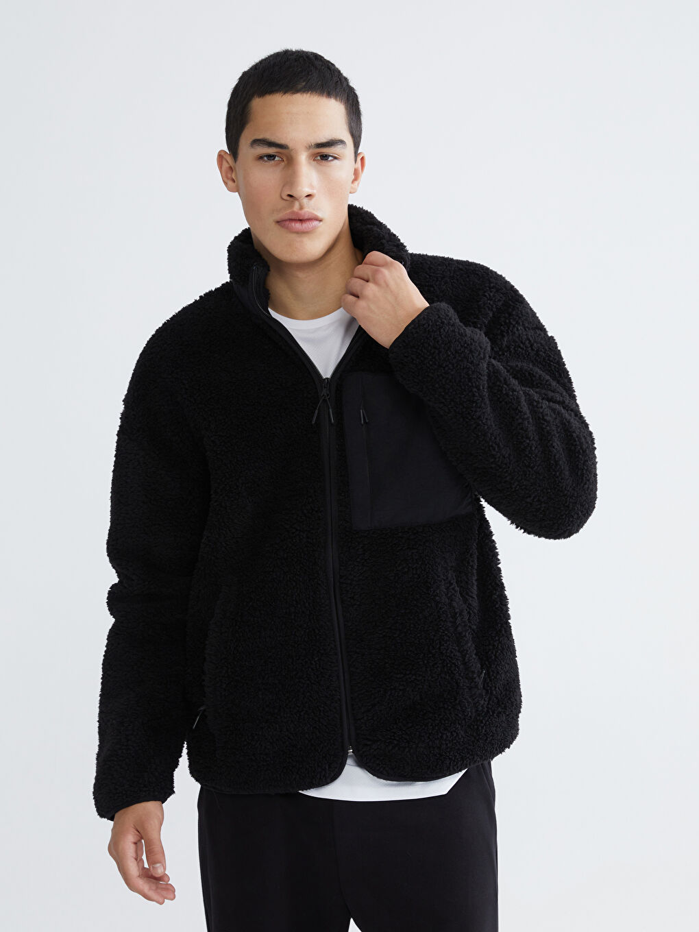 Siyah Dik Yaka Pelüş Erkek Fermuarlı Sweatshirt