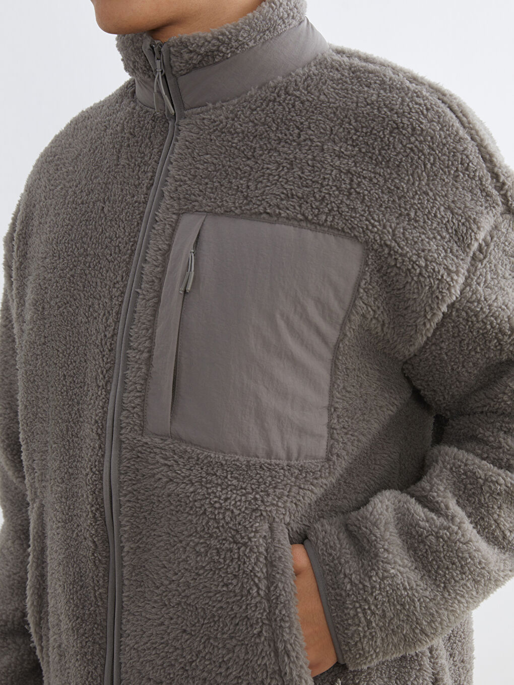 Bej Dik Yaka Pelüş Erkek Fermuarlı Sweatshirt-2