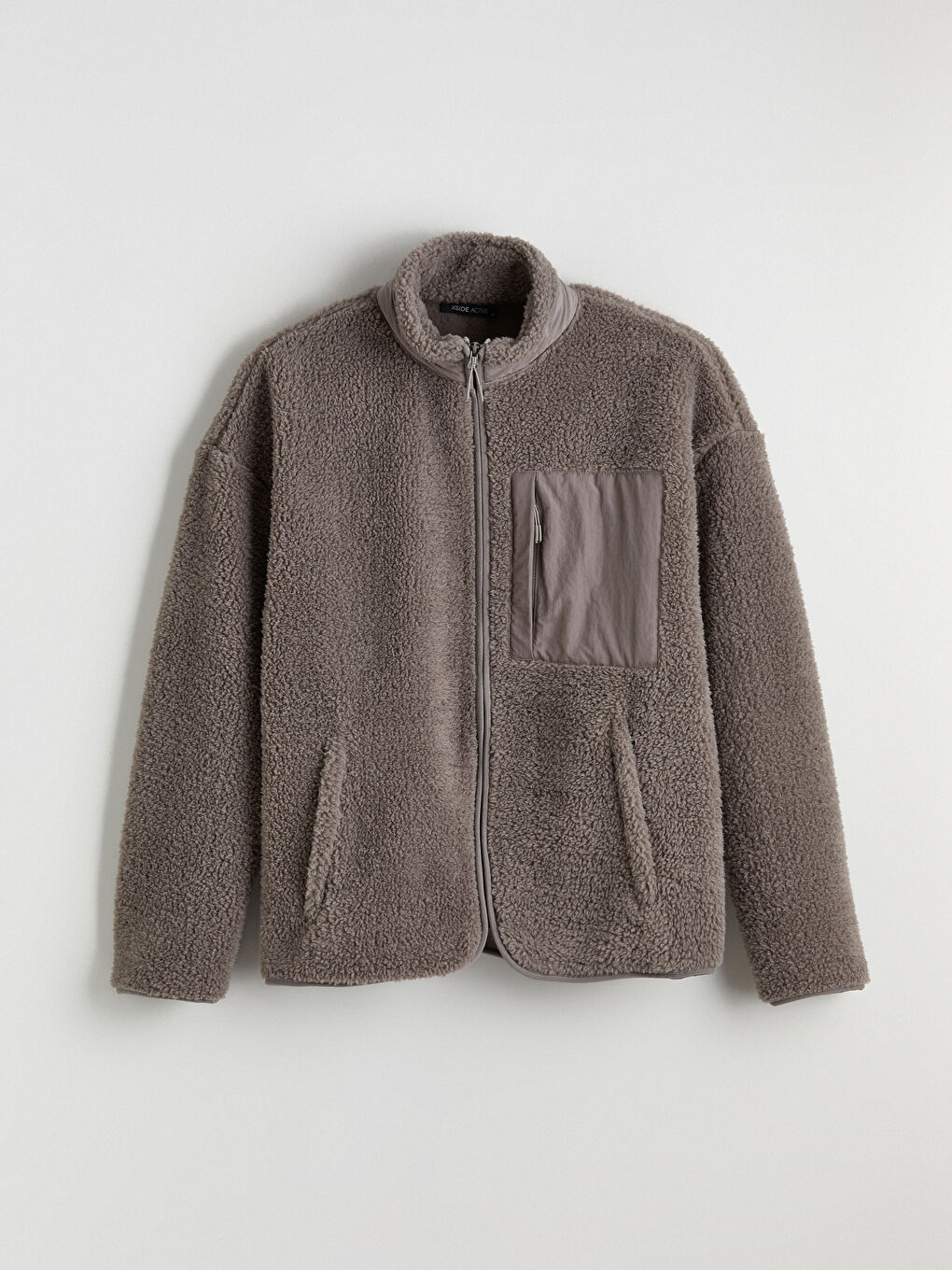 Bej Dik Yaka Pelüş Erkek Fermuarlı Sweatshirt-5