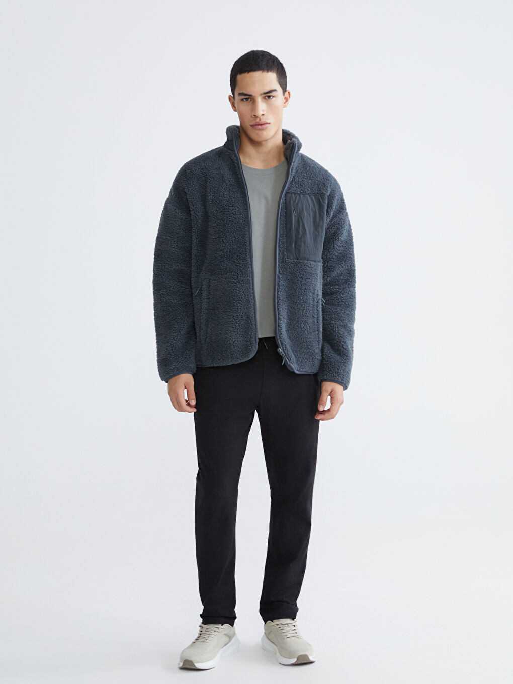 Gri Dik Yaka Pelüş Erkek Fermuarlı Sweatshirt-1