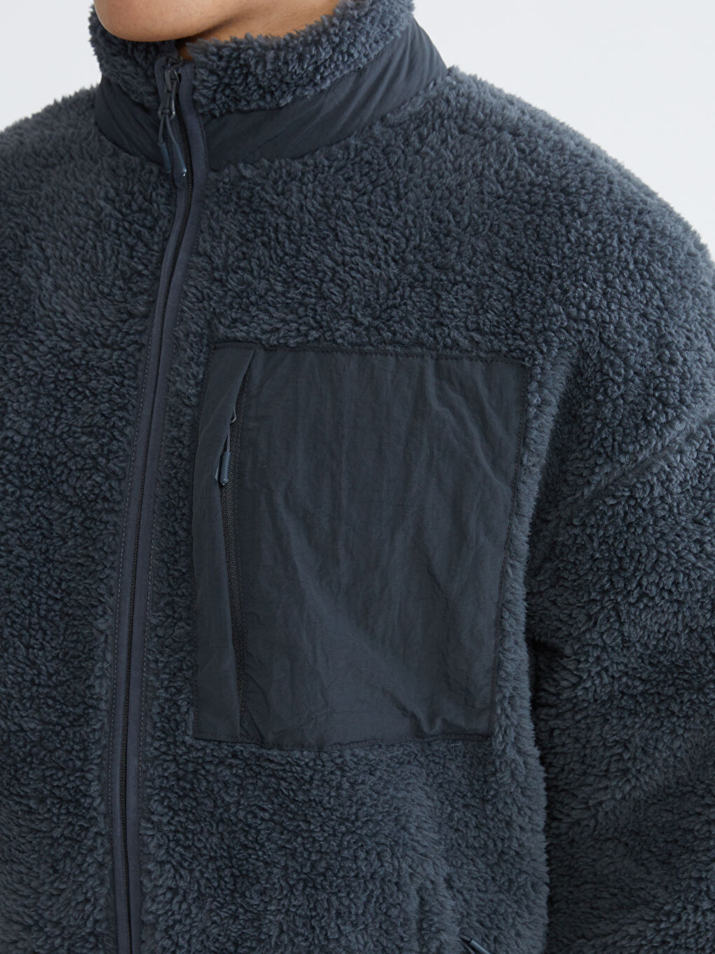 Gri Dik Yaka Pelüş Erkek Fermuarlı Sweatshirt-2