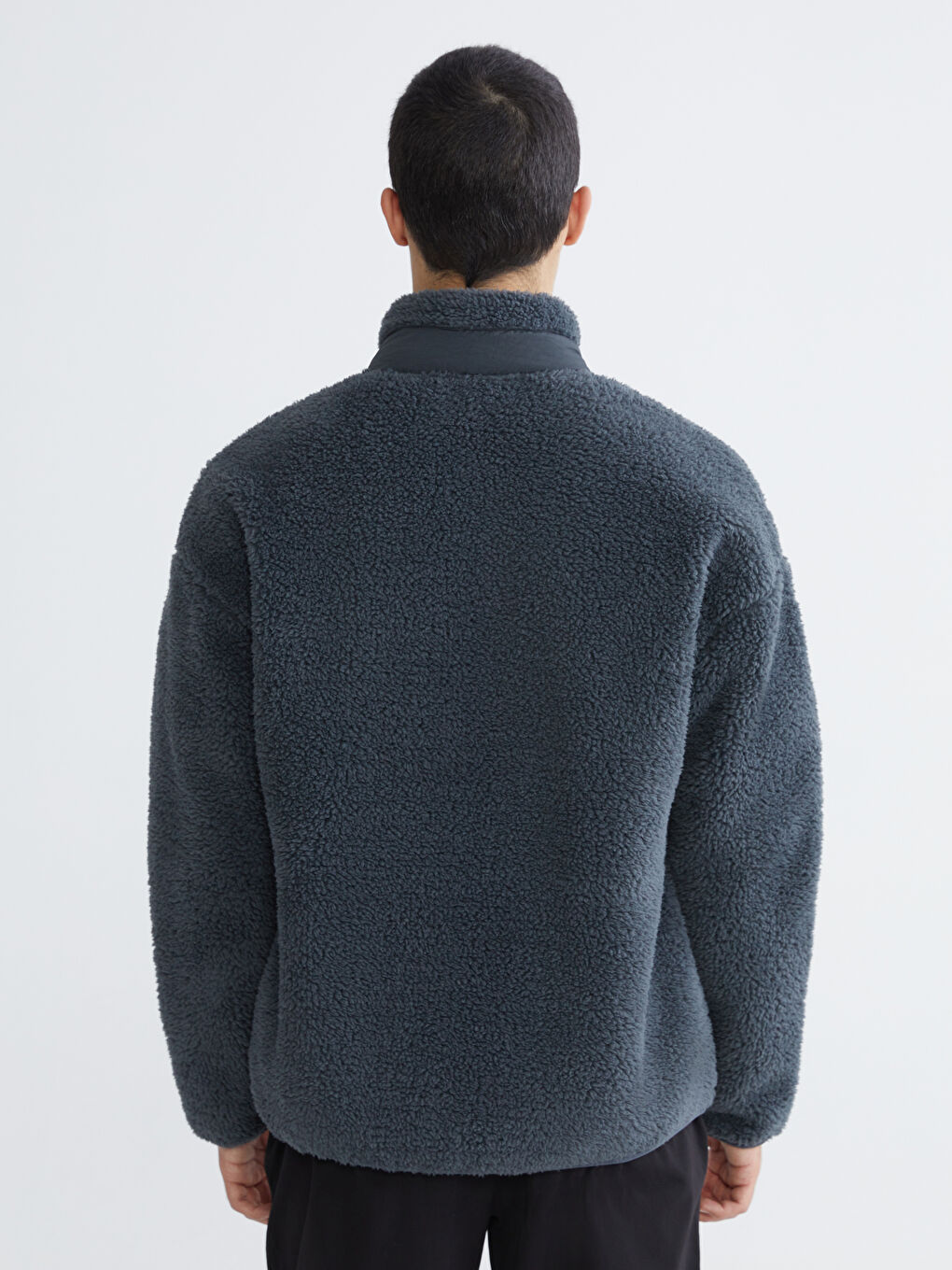 Gri Dik Yaka Pelüş Erkek Fermuarlı Sweatshirt-3