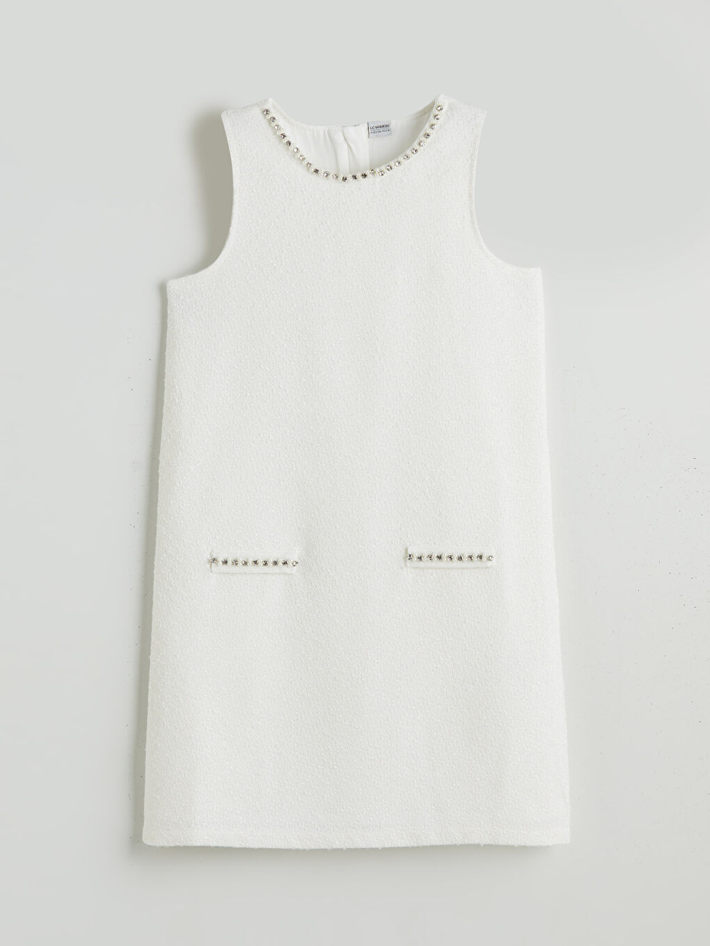 Beyaz Bisiklet Yaka Taşlı Kız Çocuk Tüvit Elbise