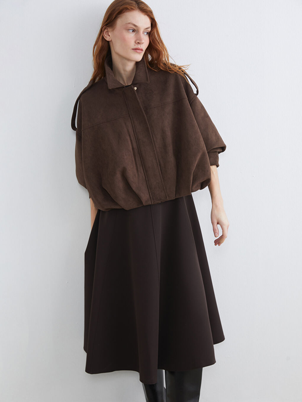 کت جير زنانه سايز بزرگ يقه پيراهني قهوه اي LCW 