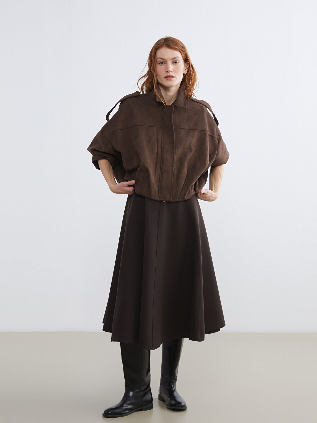Kahverengi Gömlek Yaka Oversize Kadın Süet Görünümlü Ceket-1