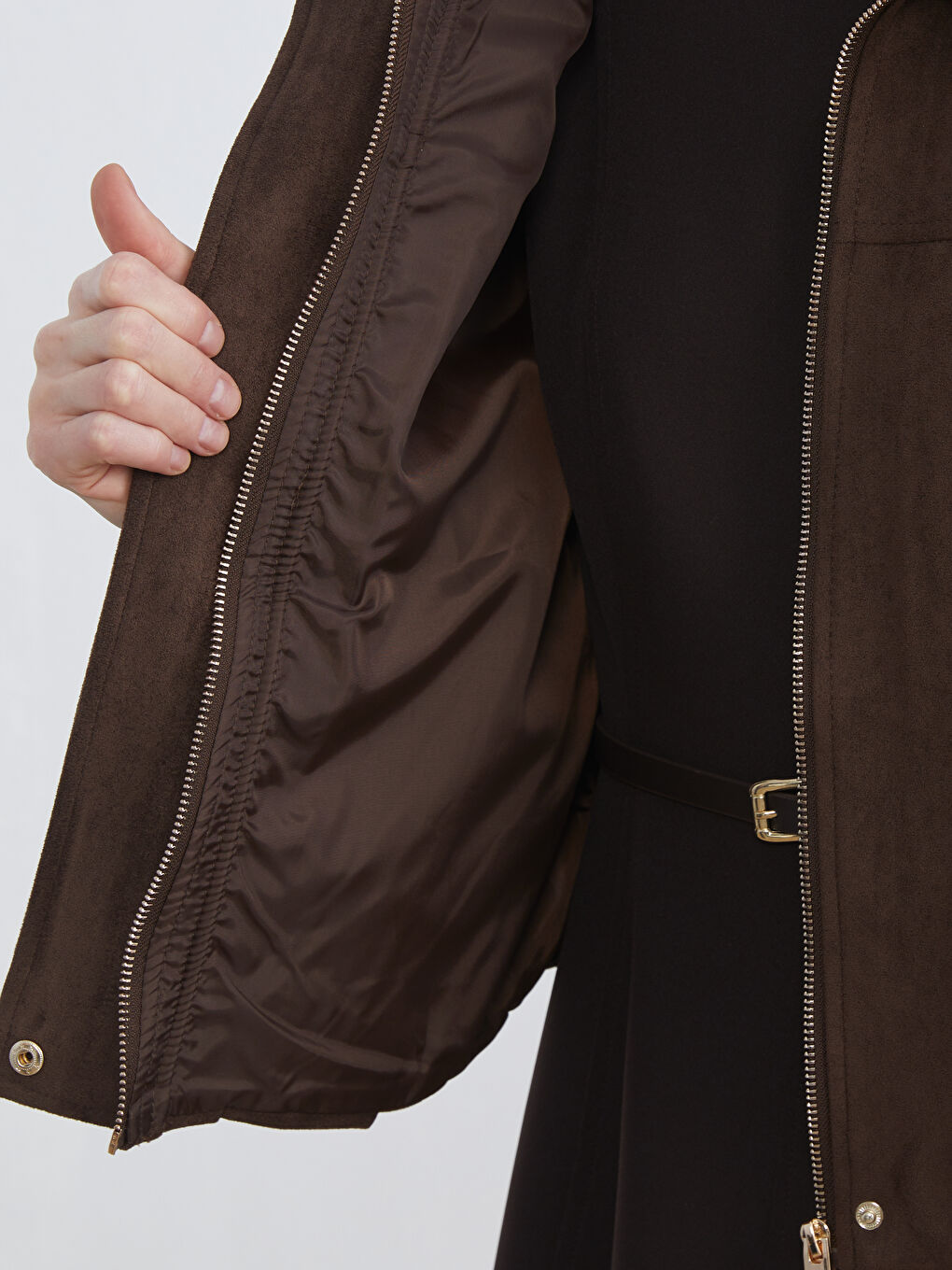 Kahverengi Gömlek Yaka Oversize Kadın Süet Görünümlü Ceket-2