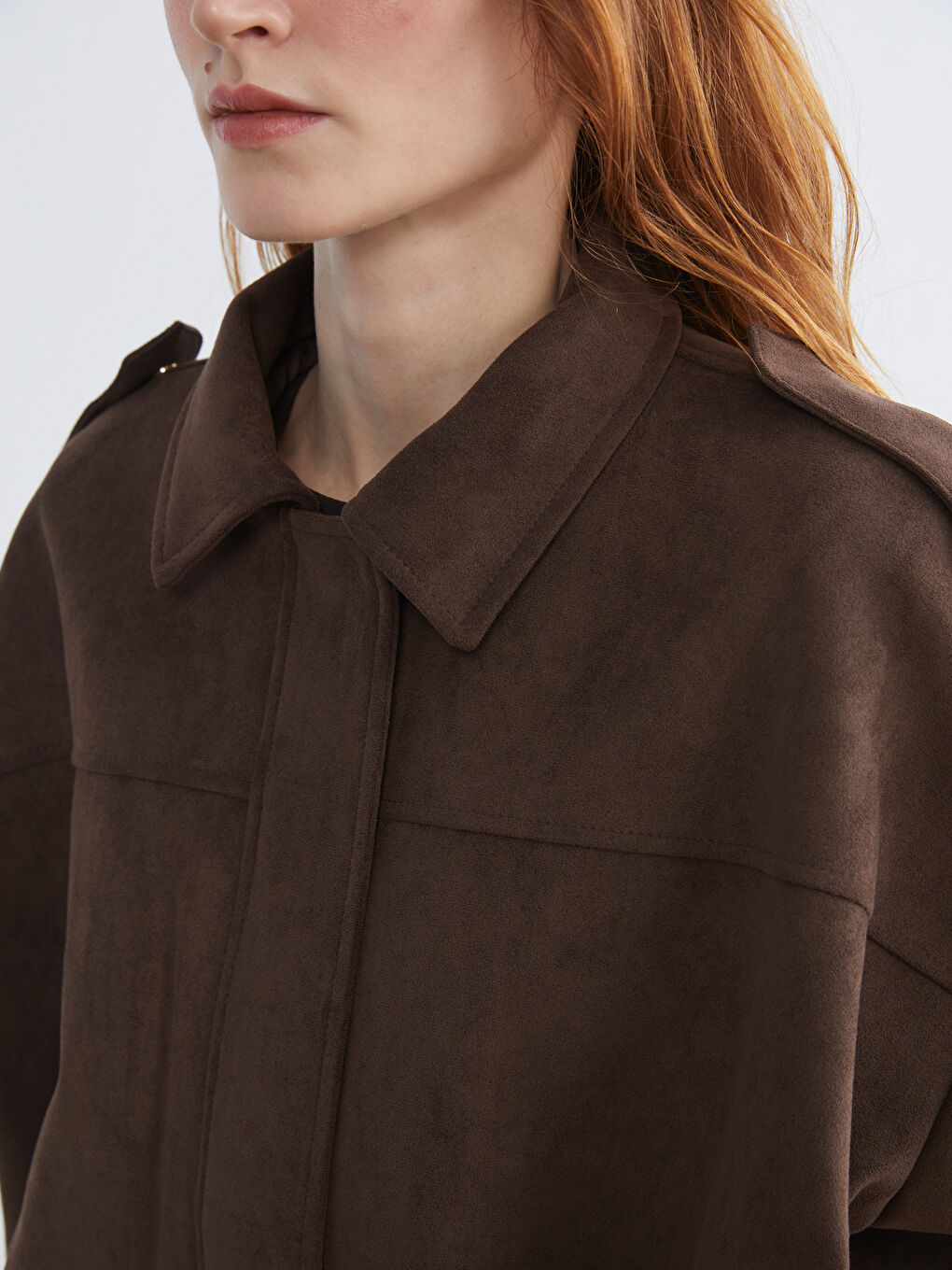Kahverengi Gömlek Yaka Oversize Kadın Süet Görünümlü Ceket-3