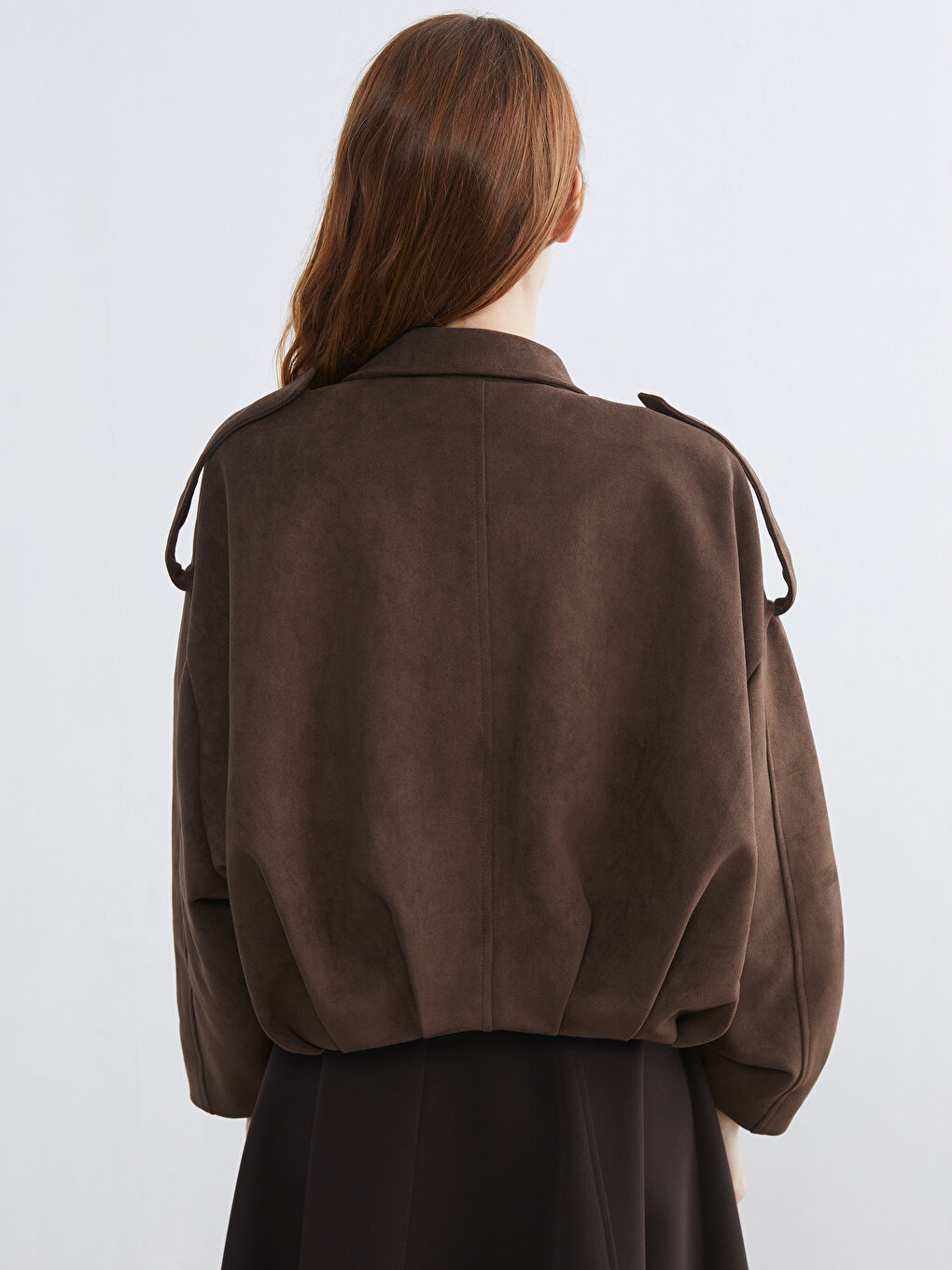 Kahverengi Gömlek Yaka Oversize Kadın Süet Görünümlü Ceket-4