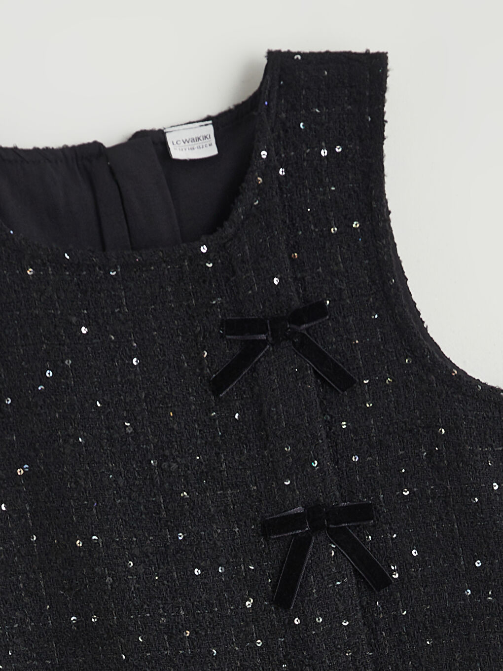 Siyah Bisiklet Yaka Fiyonk Detaylı Kız Çocuk Tüvit Elbise-1