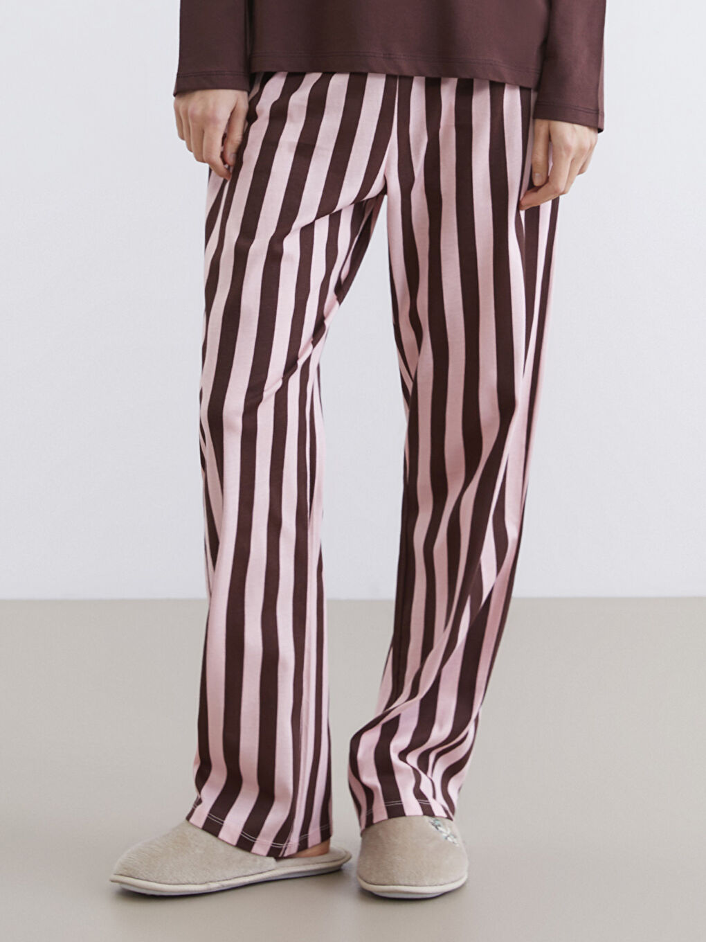 Pembe Beli Lastikli Çizgili Kadın Pijama Alt