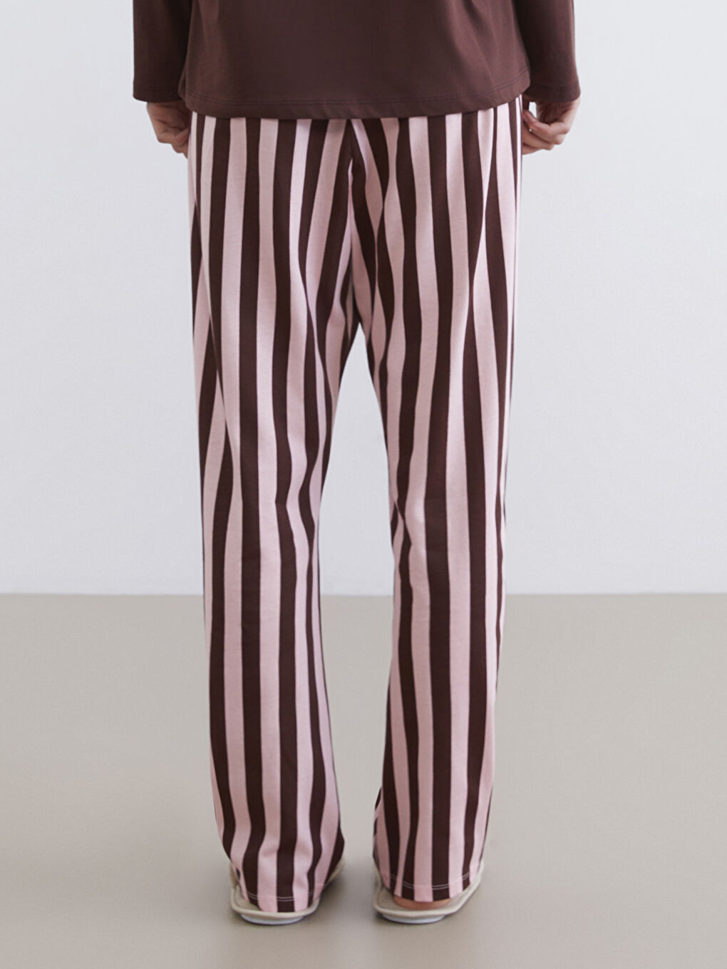 Pembe Beli Lastikli Çizgili Kadın Pijama Alt-1