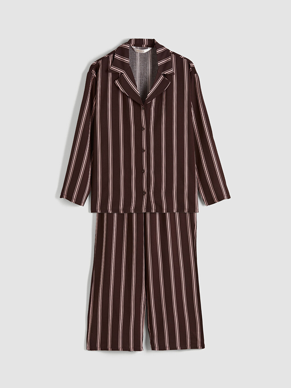 Kahverengi Gömlek Yaka Çizgili Kadın Pijama Takımı-4