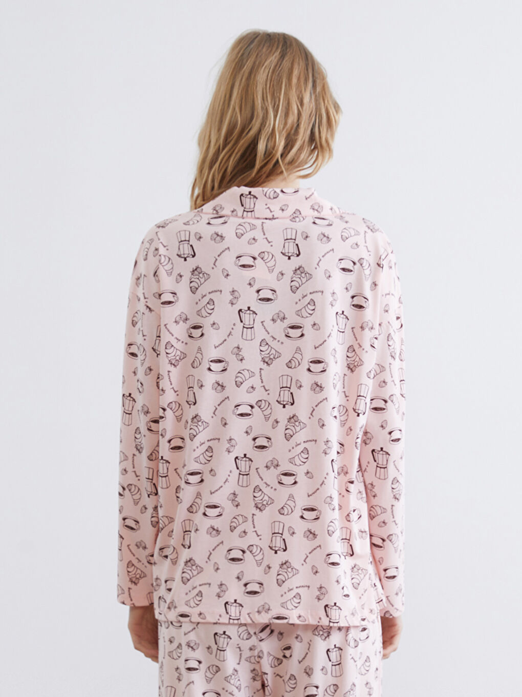 Pembe Gömlek Yaka Baskılı Kadın Pijama Üstü-1