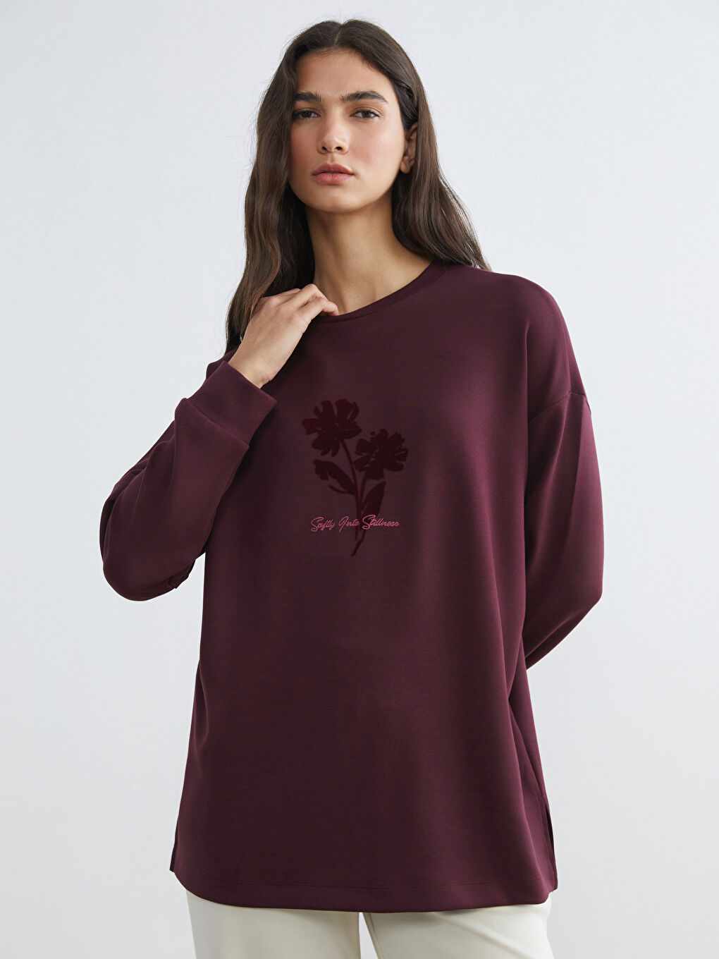 Mürdüm Bisiklet Yaka Oversize Kadın Sweatshirt Tunik