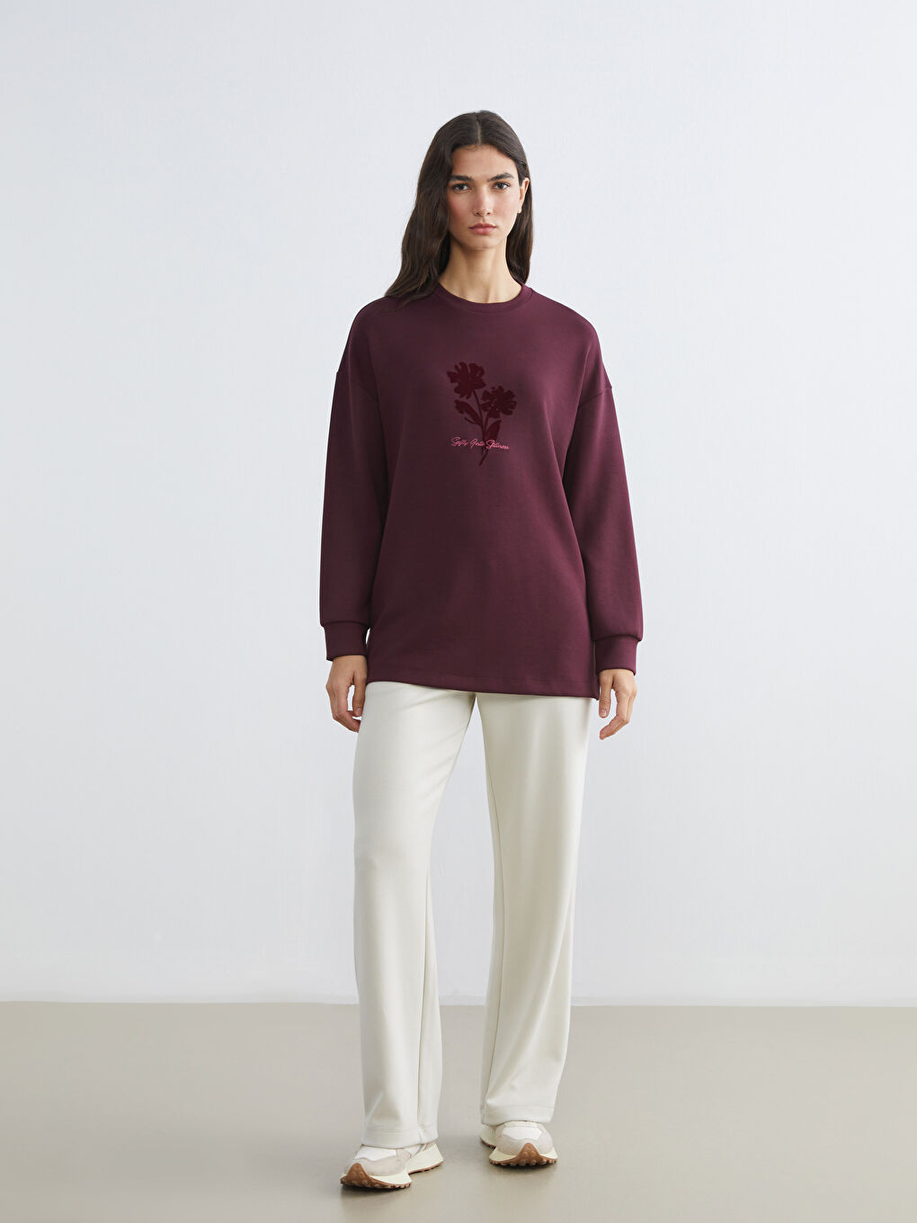 Mürdüm Bisiklet Yaka Oversize Kadın Sweatshirt Tunik-1