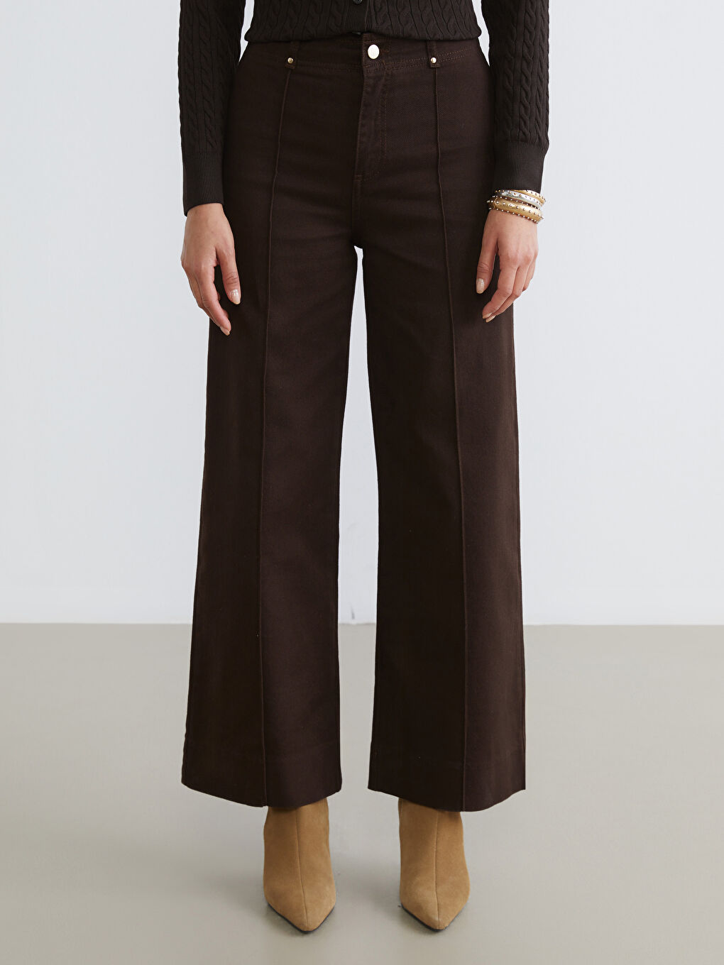 Kahverengi Wideleg Kadın Jean Pantolon-1